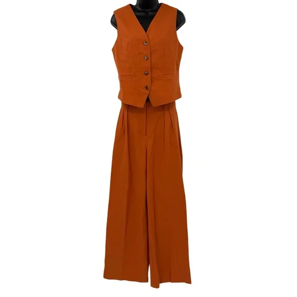 Commense Linen and Cotton Vest & Wide Leg Pants Set in Orange | Medium - Picture 4 of 8